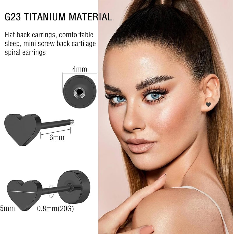 ZDE Women Flat Back Heart Earrings Non-Nickel Star Earrings Titanium Hypoallergenic Cartilage Moon Earrings Stud for Sensitive Ears Simple Classic 5mm Flat Stud Earring - Image 2